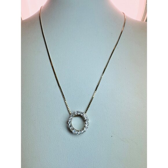 Elegant Estate Sterling Silver 925 GoldPlated Rhinestone Circle Pendant Necklace - Picture 8 of 16